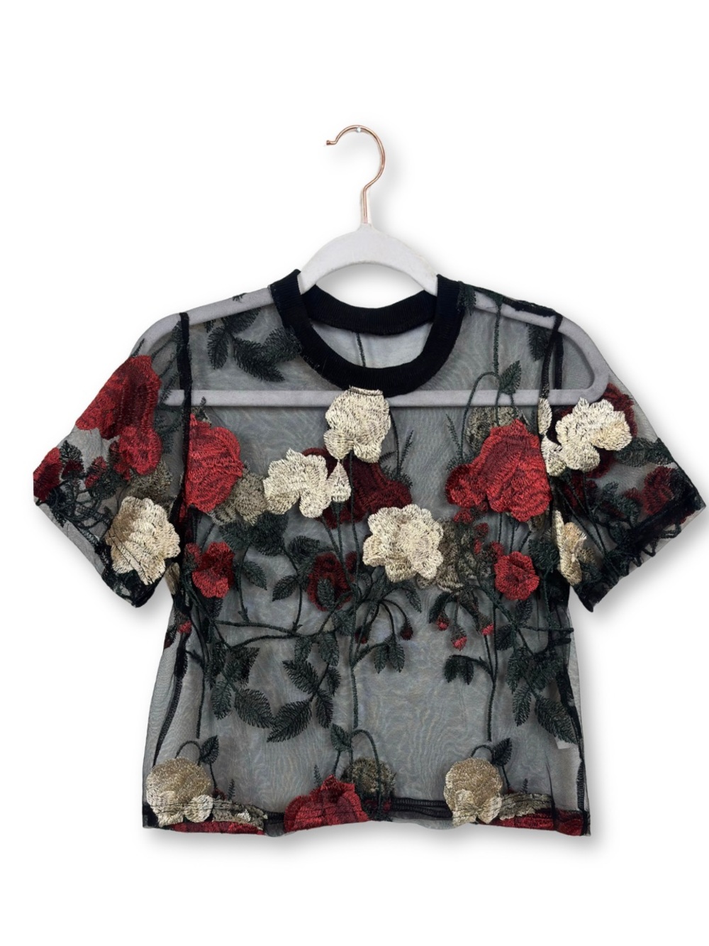 Amazon sheer mesh top with floral embroidery